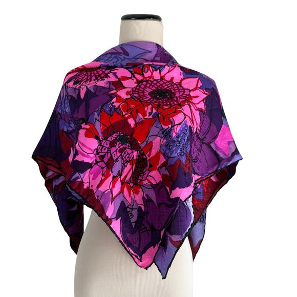 Whimsical Silk Scarf Vintage Ken Scott Surrealism Floral Pink Purple Black Retro - Picture 8 of 10